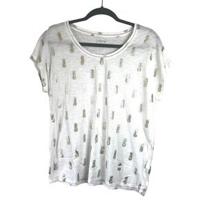 Lands End White Embellished Tshirt Gold Metallic‎ Pineapples Sz Small